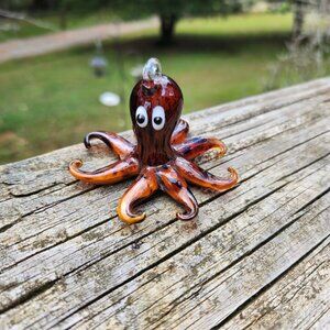 Handblown Art Glass Octopus Figurine With Orange & Black Speckled Design Vintage